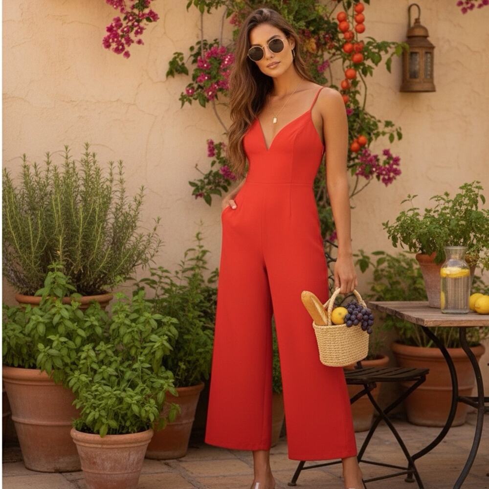 ASTR Red Wide Leg Jumpsuit Tomato Girl 70s Retro Euro Summer- linen/rayon